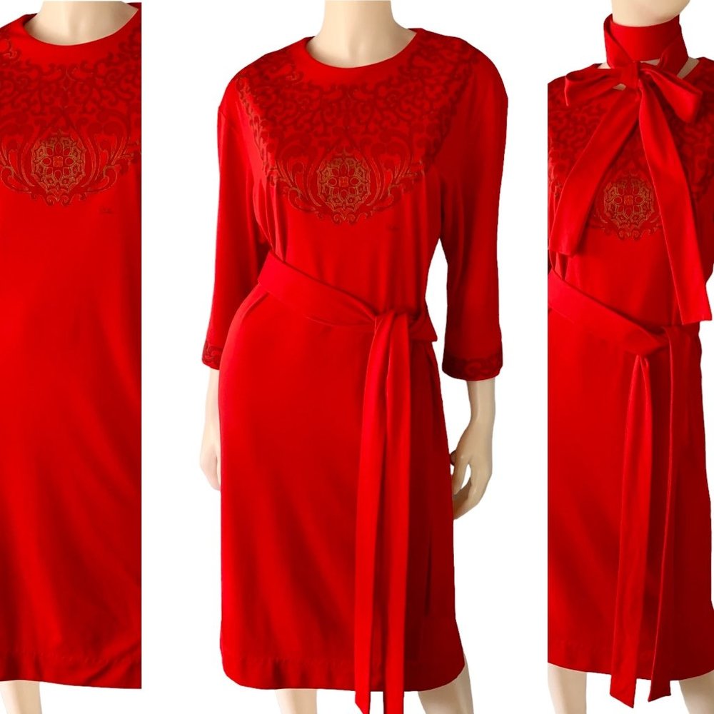 Vintage 70s Shaheen Mandala Print Shift Dress Size 8 Holiday Career Red Belted